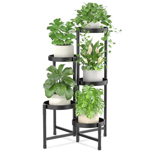 iDavosic.ly 5-Tier Corner Plant Stand, Metal Indoor Outdoor Flower Display Shelf, Folding Tall Orchid Rack for Patio Balcony and Garden, Black