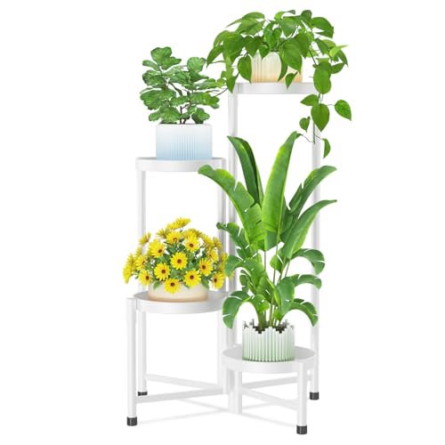 iDavosic.ly 4-Tier Corner Plant Stand, Metal Indoor Outdoor Flower Display Shelf, Folding Tall Wrought Iron Orchid Rack for Patio Balcony Porch Garden and Living Room - White