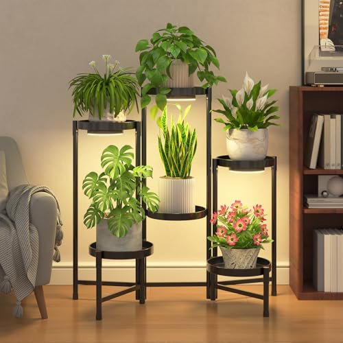iDavosic.ly 6-Tier Corner Plant Stand with Grow Light, Metal Indoor Outdoor Flower Display Shelf, Folding Tall Wrought Iron Orchid Rack for Patio Balcony Garden and Living Room - Black