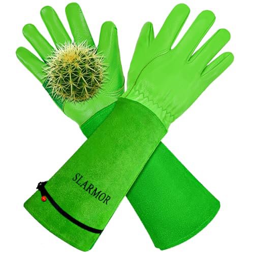 SLARMOR Heavy Duty Cowhide Leather Gardening Gloves - Thorn Proof Rose Pruning Gauntlets for Men and Women, XS
