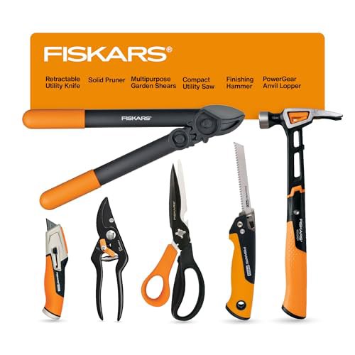 Fiskars 6-Piece Home and Garden Tool Kit - PowerGear Lopper, IsoCore Hammer, Folding Saw, Shears, Bypass Pruner & Utility Knife