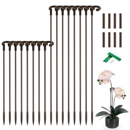 SupKing 16Pcs Invisible Orchid Support Sticks - Adjustable Fiberglass Plant Stakes with Clips for Small Plants, Flowers, Peonies and Roses (Brown)