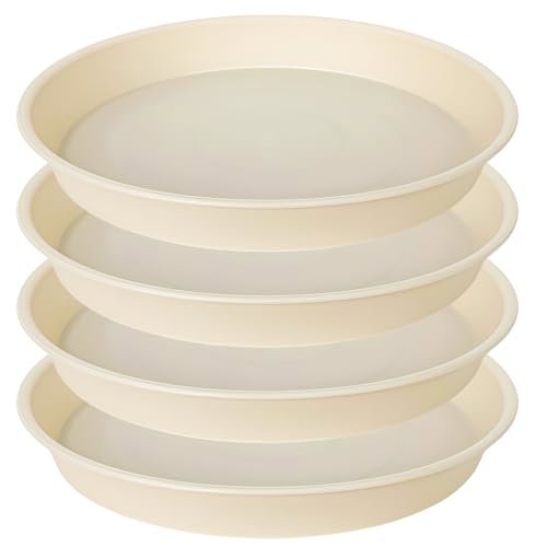 Bleuhome 4 Pack Heavy Duty Deep Plant Saucers - 17 Inch Round Plastic Drip Trays for Flower Pots and Bird Bath Bowls, Beige