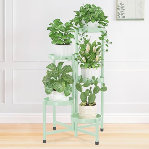 iDavosic.ly 5-Tier Corner Plant Stand, Metal Indoor Outdoor Flower Display Shelf, Folding Tall Wrought Iron Orchid Rack for Patio Balcony and Garden, Light Green