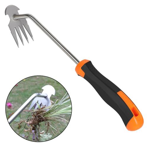 SIXCAR Professional 4-Tooth Garden Weed Remover Tool with Ergonomic Rubber Handle