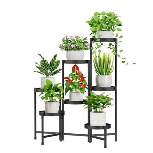 iDavosic.ly 7-Tier Corner Plant Stand, Metal Indoor Outdoor Flower Display Shelf, Folding Tall Orchid Rack for Patio Balcony and Garden, Black