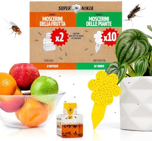 Super Ninja Kit Trappole Moscerini Frutta e Piante - 12 Pezzi: 10 Adesivi Gialli per Moscerini del Fungo e 2 Catturamosche della Frutta, Atossico e Sicuro per Casa, Bambini e Animali