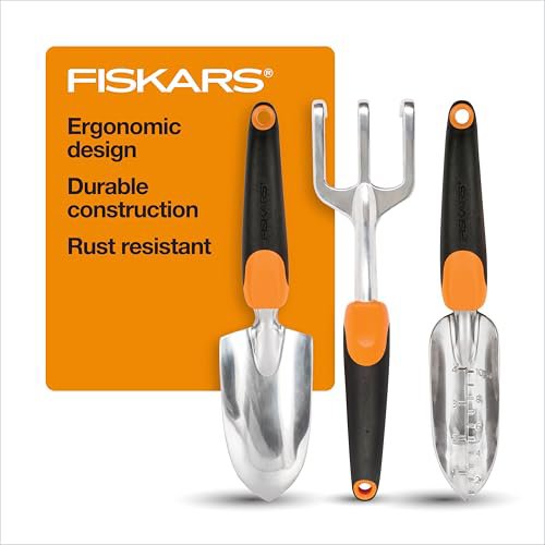 Fiskars 3-in-1 Garden Tool Set - Polished Cast-Aluminum Heads, Heavy-Duty Trowel, Transplanter & Cultivator with Ergonomic SoftGrip Handles