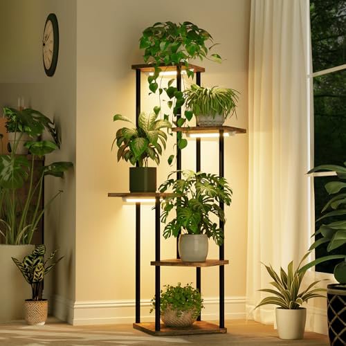 Bamworld Porta Piante a 5 Livelli con Lampada LED Integrata - Scaffale in Legno MDF e Metallo per Interno ed Esterno
