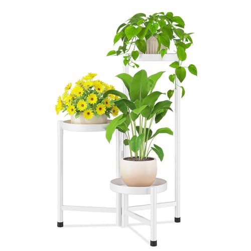iDavosic.ly 3-Tier Corner Plant Stand, Metal Indoor Outdoor Flower Display Holder Shelf, Folding Tall Orchid Rack for Patio Balcony Porch Garden and Living Room, White