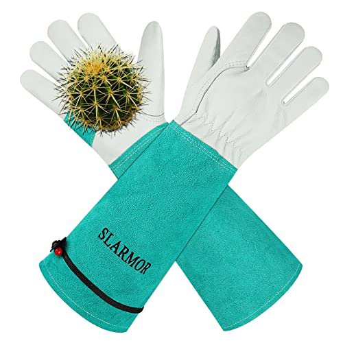 SLARMOR Heavy Duty Cowhide Leather Gardening Gloves - Thorn Proof Rose Pruning Gauntlets for Men and Women, Green, Medium